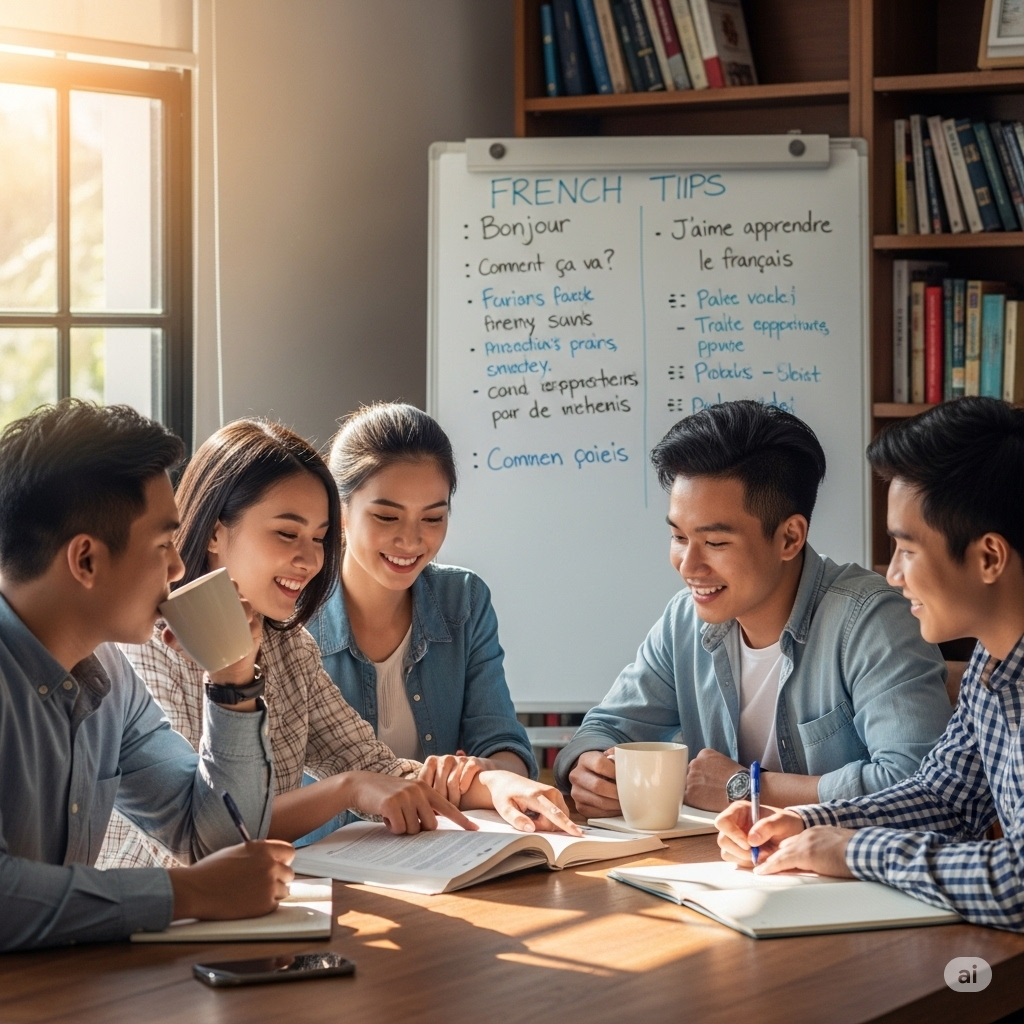A small group of happy Asian students sits at a table with notebooks and a laptop, studying French. In the background, a whiteboard with French tips is visible.