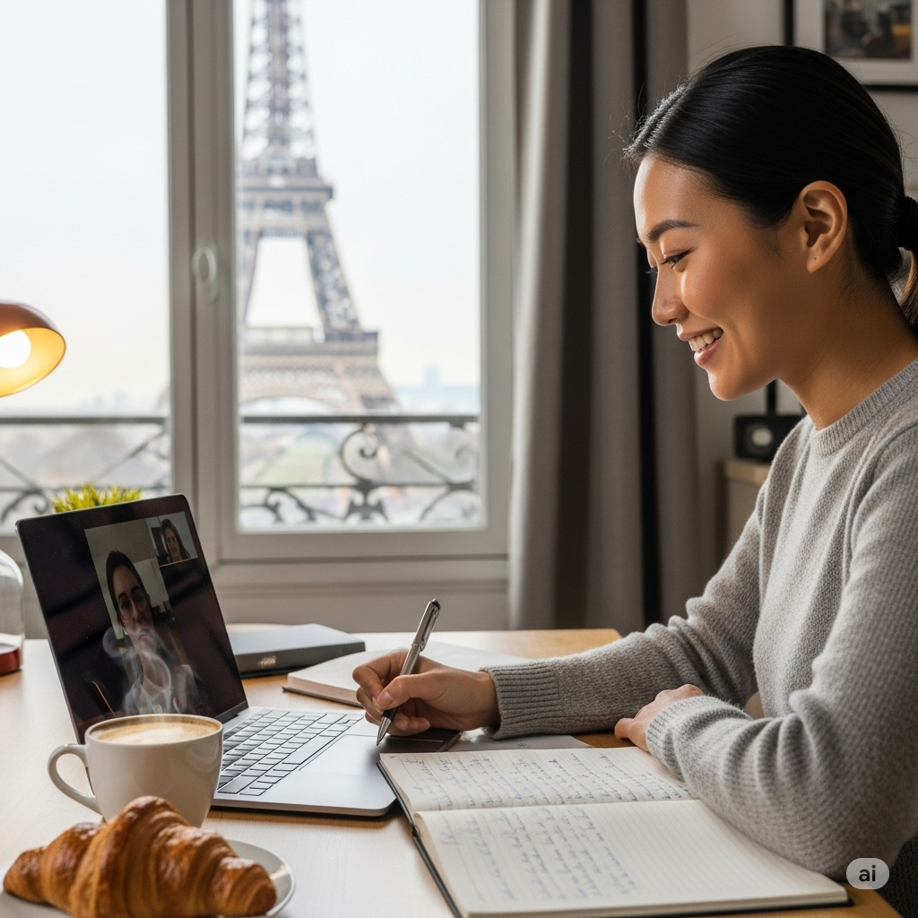 A happy Asian female student in an apartment is taking notes on her laptop, with a coffee and a croissant on the desk. The Eiffel Tower is visible through the window behind her.